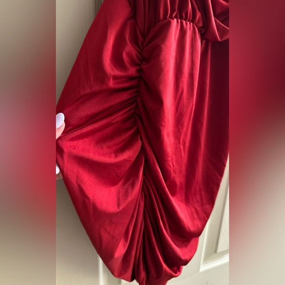 Red Draped Mini Dress with Lace Detail - Picture 4 of 6